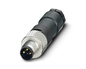 Phoenix Contact SACC-M 8MS-3CON-M sensor-aktuator konnektor med tre guld-belagte stik på hvid baggrund.
