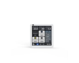 Shelly Wall Display X1i, 4″ Wi-Fi-touchskærm med hvid front og sølvfarvet ramme, viser smart home-styring og forbrugsdata.