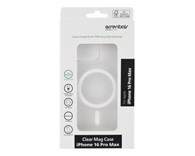 Transparent Essentials MagSafe-cover til iPhone 16 Pro Max ses gennem emballagens frontvindue.