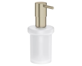 Grohe Essentials sæbedispenser i glas med børstet nikkel pumpe og tud, 160ml kapacitet, står frit.