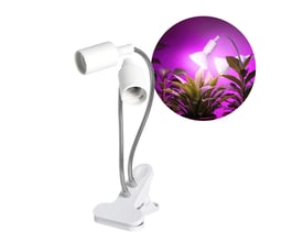 Hvid Kobi PLANTY CLIP DUO klemmelampe til grolys med to fleksible arme og E27-fatninger.