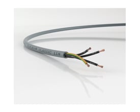 Lapp Olflex Classic 110 kabel i grå, med tre indre ledere: en grøn/gul, en sort og en brun, alle med afisolerede kobberender.