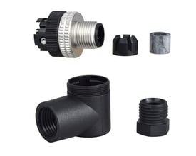 Telemecanique Sensors vinklet 4-polet M12-hanstik med Pg7, vist adskilt i sorte og metalfarvede dele.