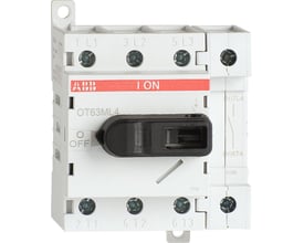 Nærbillede af ABB 4-polet lastafbryder 63A, med markeringer for L1, L2, L3, T1, T2, T3 og drejehåndtag i OFF-position.