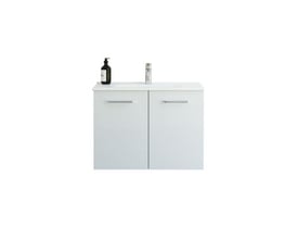 Dansani Mido mini møbelpakke i hvid højglans med 2 låger, 81 cm bred, monteret med Amber Mini håndvask og kromarmatur.