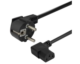 Deltaco strømkabel med 1,5 meter sort kabel, et CEE 7/7 stik og et vinklet C13 stik.