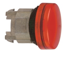 Detaljeret sideprofil af et rødt LED lampehoved fra Schneider Electric, model ZB4BV043, med monteringsmekanisme.