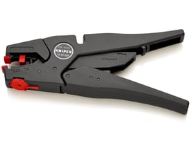Knipex 1240-200 automatisk afisoleringstang i sort plast med røde detaljer, vist fra siden på hvid baggrund.