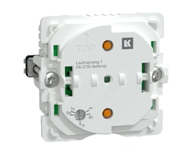 Bagside af LK FUGA Timer afbryder 10A i hvid plast med mærket 'TOP' og indstillelig timer på 5 minutter til 8 timer.