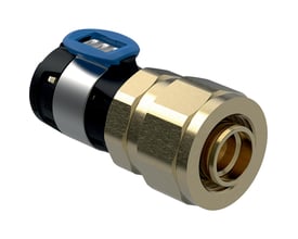 Geberit FlowFit PEX-overgang 16x16mm PN6 med union, udført i blank blyfri siliciumbronze og med et blåt plastiklås.