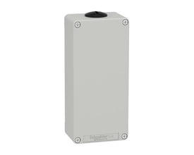 Schneider Electric Harmony XAP trykknapkasse i grå metal, uden huller, med synlig Schneider Electric logo i bunden.