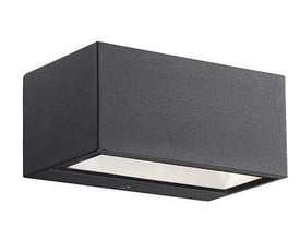 Detaljebillede af Nordlux Nene væglampen i sort metal med integreret, klar glasdiffuser.