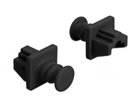 To sorte DeLock støvhætter til RJ45 jack, vist fra forskellige vinkler på en hvid baggrund.