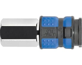 Rectus 1625 lynkobling vist fra siden med G1/2" indvendigt gevind. Koblingen har en kromfarvet ende, blå og sort thermoplastisk hylse med 'ULTRA-FLO' og Rectus logo.