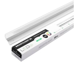 LEDlife Akustilight 90cm LED skinne i hvid, vist sammen med dens emballage med specifikationer.