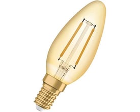 Enkel Osram Ledvance 1906 kertepære med gylden filament og E14 sokkel, vist på hvid baggrund.