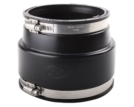 Flex-Seal kobling i sort gummi til rør mellem 240-265 mm og 360-390 mm, med metalspændebånd for sikker samling.