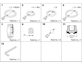 Danfoss vedligeholdelsessæt til SVA 6-10 ventiler, visuel oversigt over alle dele med specifikationer og mængder.