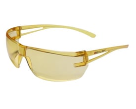 Zekler gul sikkerhedsbrille vist i en skrå vinkel fra siden, med synligt 'ZEKLER' logo på stangen og ridsefast linse.