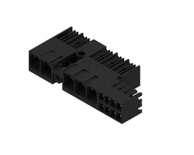 Sort Weidmüller hybrid konnektor til printplade med 5 poler, 7,62 mm afstand og 90° udgående vinkel.