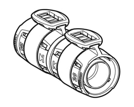 Teknisk tegning af Geberit FlowFit overgang til Geberit Mepla, 20 mm diameter, med synlige presseindikatorer og mærker.