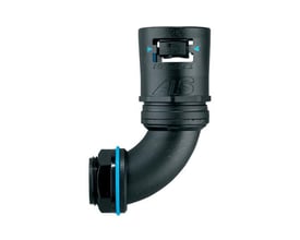 Thomas & Betts Adaptalok ATS 42 mm rørfitting med 90 graders bøjning, sort med blå elastomerdetaljer.