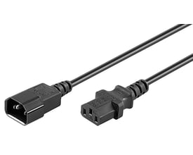 Sort MicroConnect C13-C14-strømkabel på 10 meter med han- og hunstik, vist med begge stikender.
