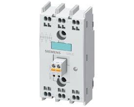 Siemens 3RF2 solid-state relæ, 3-faset med 30A strømstyrke og fjederklemmer til 4-30VDC styring, vist på hvid baggrund.
