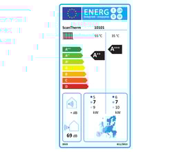ScanTherm energimærke for varmepumpe med energiklasse A+++ og lavt lydniveau på 69 dB.