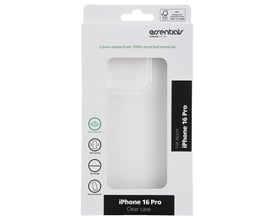Emballagen til et transparent TPU-cover fra Essentials til iPhone 16 Pro ses forfra.