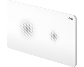 Viega Prevista V Style25 betjeningsplade i hvid kunststof med berøringsfri aktivering og selvlysende maling. Dens dimensioner er 130x220x6mm.