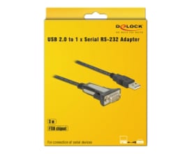 DeLock USB Type-A til seriel RS-232 adapter på 3 meter i gul emballage med produktbilleder og teksten 'USB 2.0 to 1 x Serial RS-232 Adapter'.