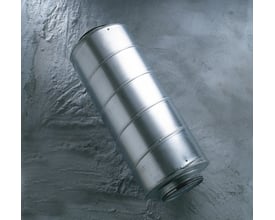 Cylindrisk Thermex lyddæmper i metal, Ø 160 mm, placeret på et gråt, tekstureret underlag.