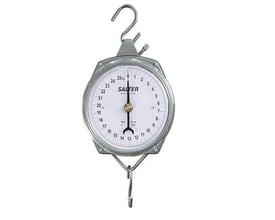 Salter 235-6M hængevægt i metal med en maksimal kapacitet på 25 kg, hvid urskive med sorte markeringer og en hængekrog øverst.