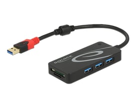 Sort Delock USB 3.1 Gen 1-hub med tre USB-A-porte og SD/microSD-kortlæser, set skråt forfra med USB-A-kabel.