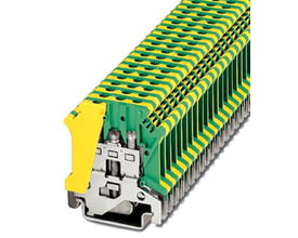 Nærbillede af Phoenix Contact USLKG 4 jordklemme, der viser skrueterminalen og den gule/grønne isolering.