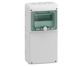Schneider Electric Kaedra kapsling, set fra siden, hvid med grøn transparent dør og synlige kabelindføringshuller på toppen.