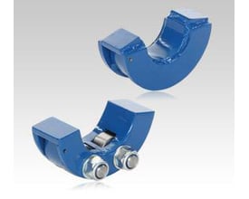 Blå akselleje til Hydrokat, passer til aksler fra 50-96 mm, vist med justeringsmekanisme i et par.