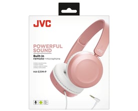 JVC HA-S31M-P-E on-ear hovedtelefoner i pink med indbygget fjernbetjening og mikrofon.