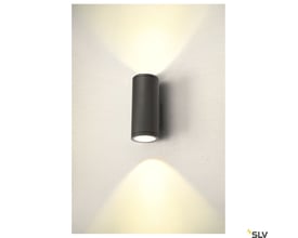 Antracitgrå, cylinderformet SLV Enola Round Up/Down L udendørs LED-væglampe monteret på væg og med lys opad og nedad.