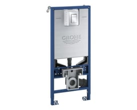 Grohe Rapid SLX monteringselement med 1130mm installationshøjde, vist med krom betjeningsplade og blå ramme.