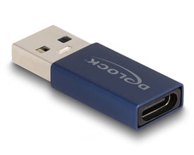 DeLock adapter, blå, med USB-A hanstik og USB-C hunstik. Adapteren har DeLock logo og er lavet til USB 3.2 Gen 2.