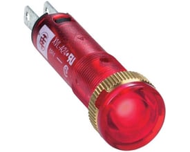 Schneider Electric rød LED-diode XVLA224 med 12VDC, sort frontring og fremskudt lysdiode med messing-gevinddetalje.