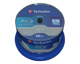 Verbatim BD-R SL Datalife 25GB diske, pakke med 50 stk. monteret på en blå spindel, med tydelig branding og kapacitetsinformation.