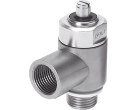 Festo drøvle-kontraventil CRGRLA-3/8-B i metal med drejeled og G3/8 hungevind, justerbar med slidskrue.