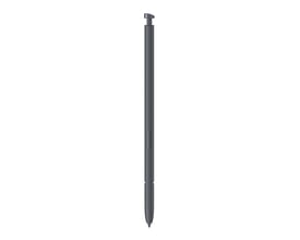 Sort Samsung S Pen-stylus med lang, slank pennekrop, sideknap og spids nederst, vist lodret.