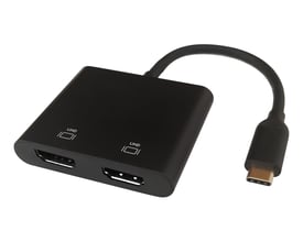 Sort Deltaco USB-C MST HUB med to HDMI-udgange og en USB-C-stik, klar til tilslutning af skærme.
