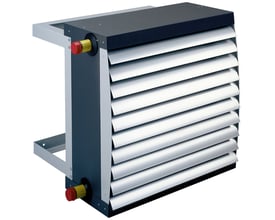 Novenco varmeventilator VMB 43 i mørkegrå med hvide lameller og monteringsbeslag i galvaniseret stål.