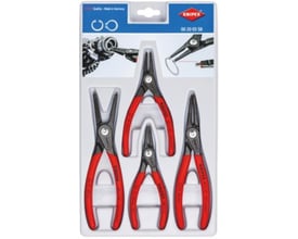 Knipex låseringstangsæt med 4 dele i emballage, klar til salg med illustrationer af brug.