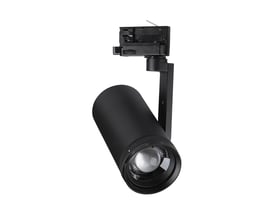 Sort V-TAC 30 W 3-faset skinnespot med cylinderformet lampehoved, synlig linse og skinneadapter.